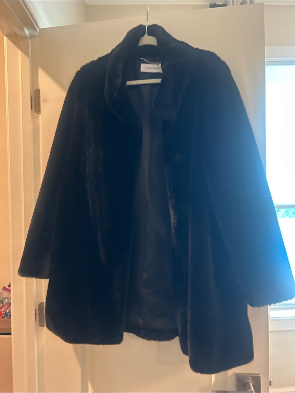 Calvin Klein Black Faux Fur Cape Coat